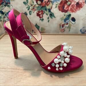 STEVE MADDEN Barbie Pink Satin & Pearl Embellished Ankle Strap Prom Party HEEL 7